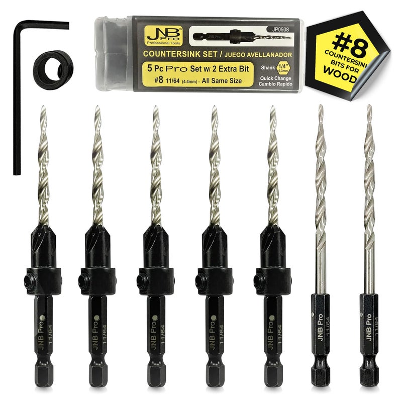JNB Pro Countersink Drill Bit Set #8-5pcs (11/64"") 4 Flute M2 HSS Drill Bits 1/4 Hex Quick Change  Stop Collar Set Brocas para Madera Countersink Drill Bit for Wood Working with 2 Free Tapered Bits - Image 1